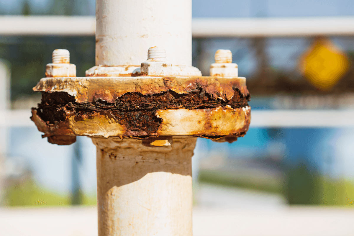 Close-up of corroded bolts and metal flange showing oxidation damage from hydrogen sulfide